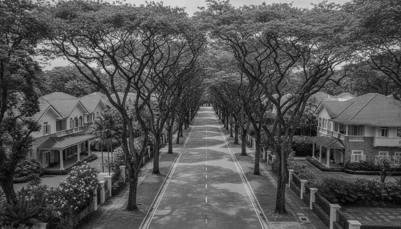 Tree-lined District 11 landed estate street at golden hour