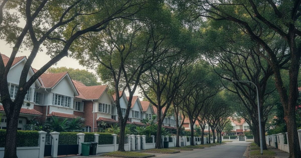 Wide street view of Watten Estate, District 11, showing tree-lined landed homes